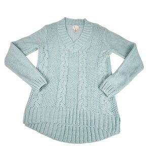 Andrea Jovine Small Cable Knit V Neck Sweater Chunky Wool Alpaca Blue Green Teal